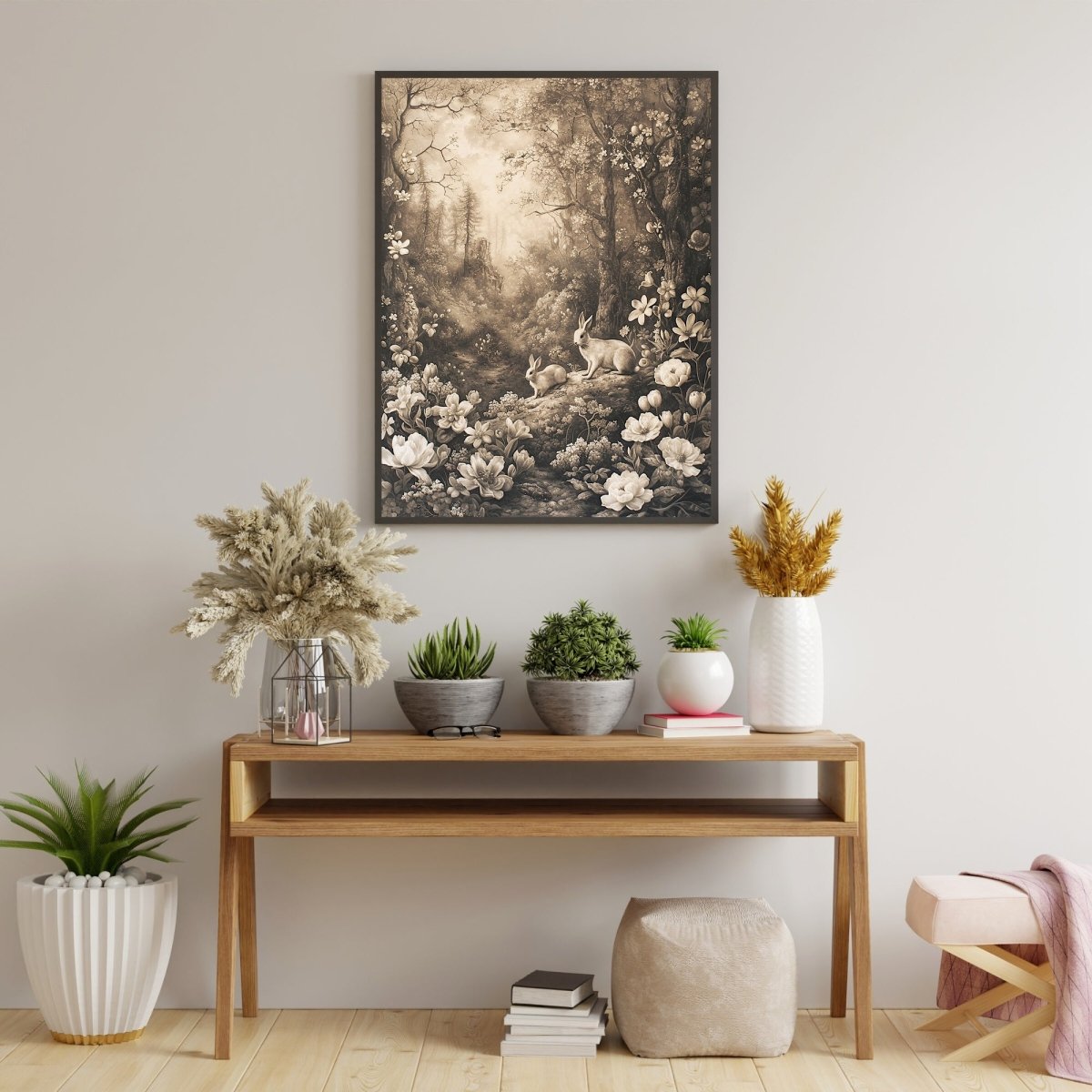 Vintage Spring Woodland & Bunnies - Earth Tone Wall Art Print - Everything Pixel