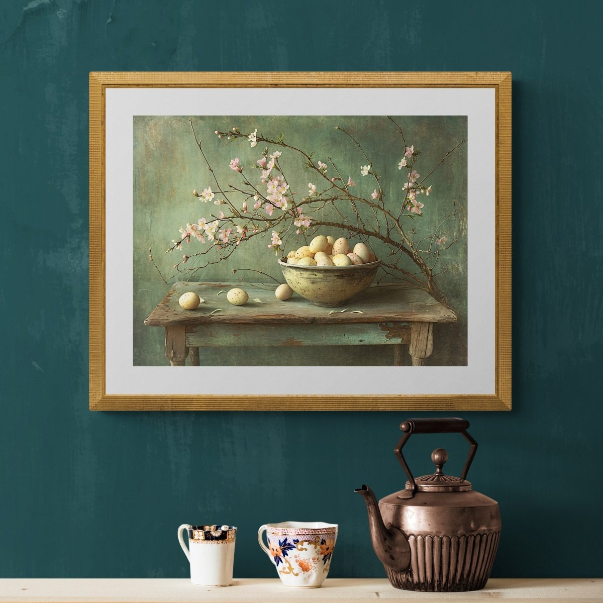 Vintage Still Life: Bowl of Eggs & Blooming Branch Wall Art - Everything Pixel
