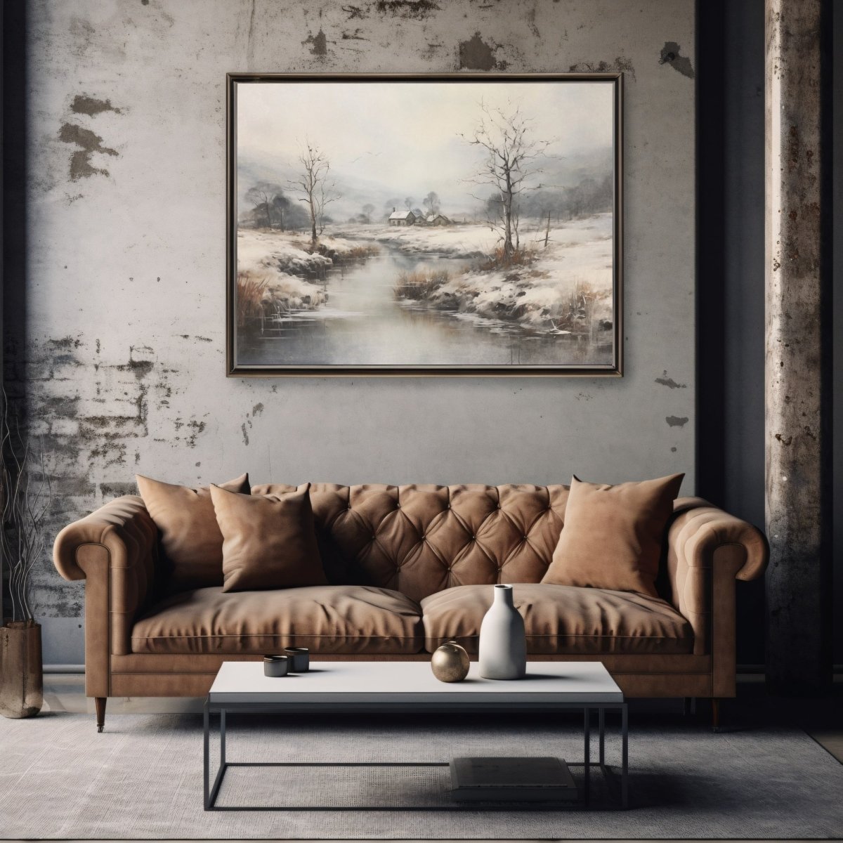 Vintage Winter Landscape Wall Art Snowy Winter Landscape Painting Charming Christmas Scene Muted Seasonal Artwork First Snow Farm Paper Poster Print - Everything Pixel