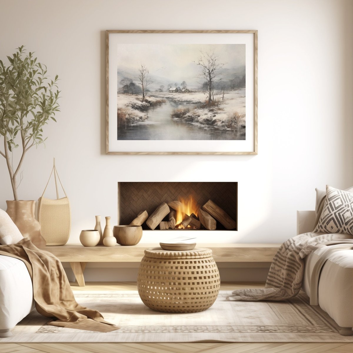 Vintage Winter Landscape Wall Art Snowy Winter Landscape Painting Charming Christmas Scene Muted Seasonal Artwork First Snow Farm Paper Poster Print - Everything Pixel