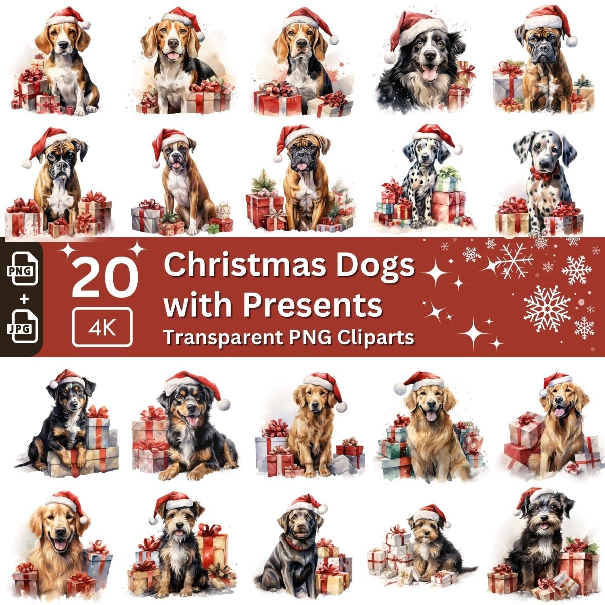 Watercolor Christmas Dogs Clipart 20 PNG Bundle Sublimation Graphic Seasonal Winter Animal POD Design Santa Hat Dog Clipart Dog Breeds - Everything Pixel
