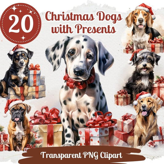 Watercolor Christmas Dogs Clipart 20 PNG Bundle Sublimation Graphic Seasonal Winter Animal POD Design Santa Hat Dog Clipart Dog Breeds - Everything Pixel