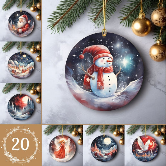 Watercolor Christmas Ornaments Set of 20 Round Ceramic Ornaments with Vivid Classic Xmas Designs Festive Christmas Tree Decoration - Everything Pixel