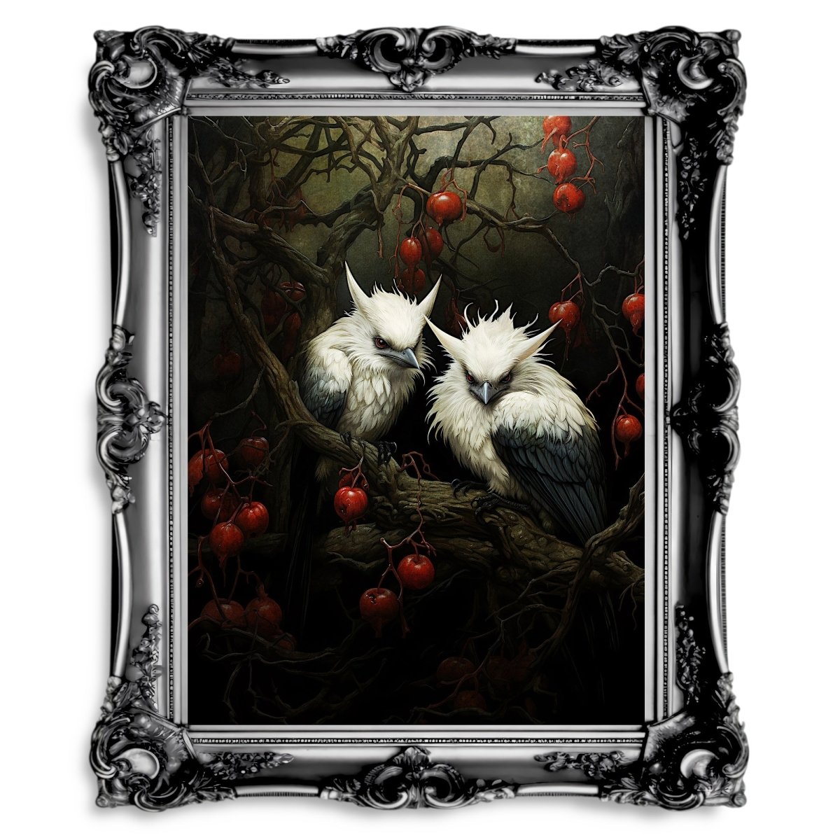White Birds Haunted Woodland Dark Spooky Decor - Paper Poster Print - Everything Pixel