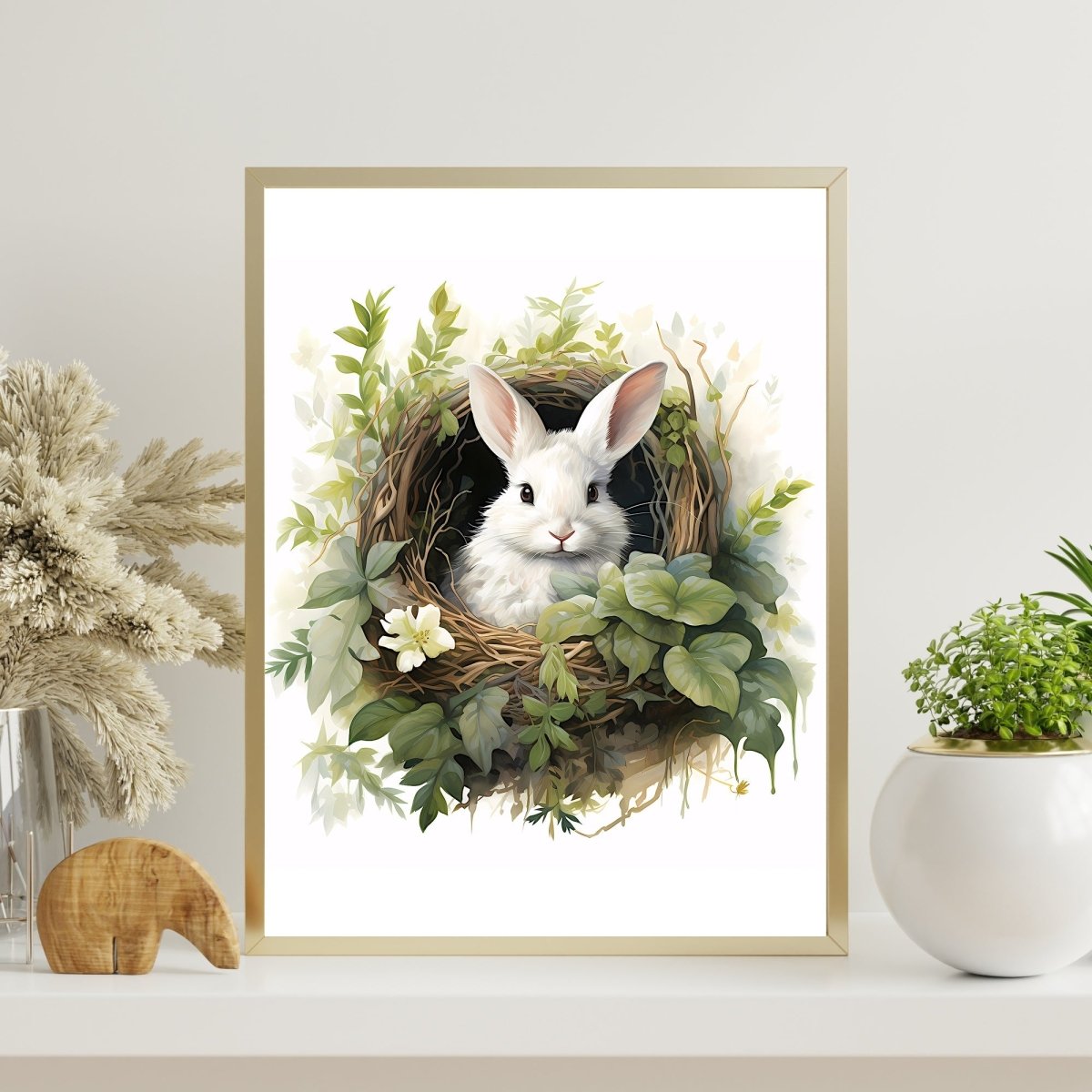 White Bunny in Nest - Watercolor Nursery Wall Art - Everything Pixel