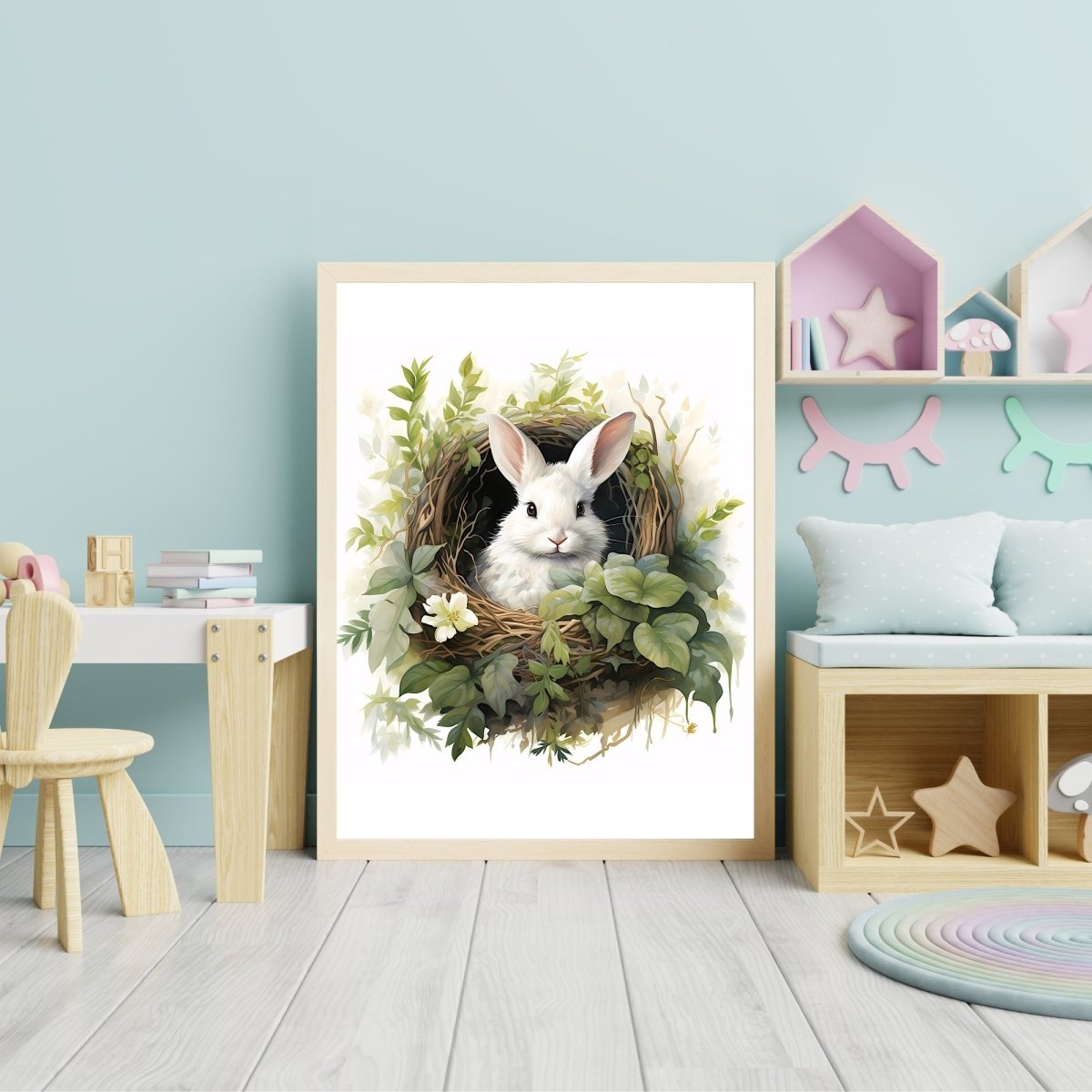 White Bunny in Nest - Watercolor Nursery Wall Art - Everything Pixel
