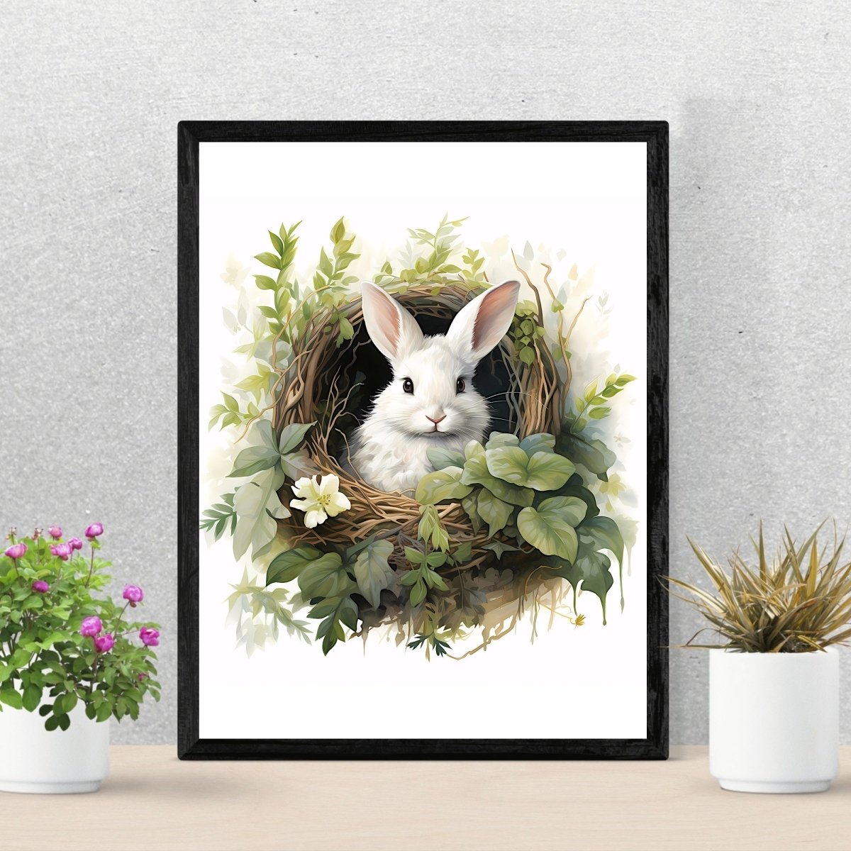 White Bunny in Nest - Watercolor Nursery Wall Art - Everything Pixel