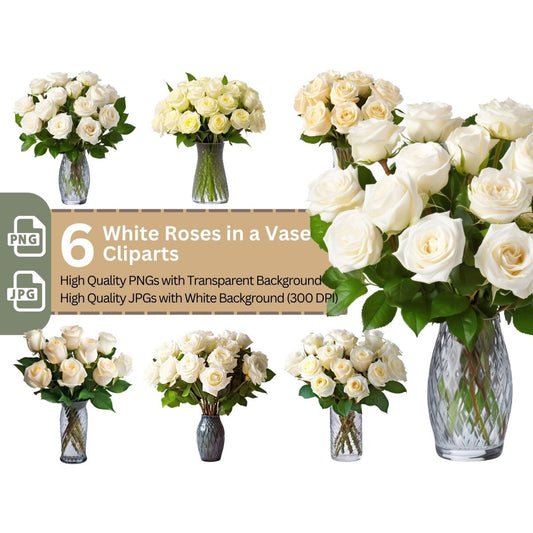 White Roses in Vase 6+6 PNG Bundle for Sublimation Clipart - Everything Pixel
