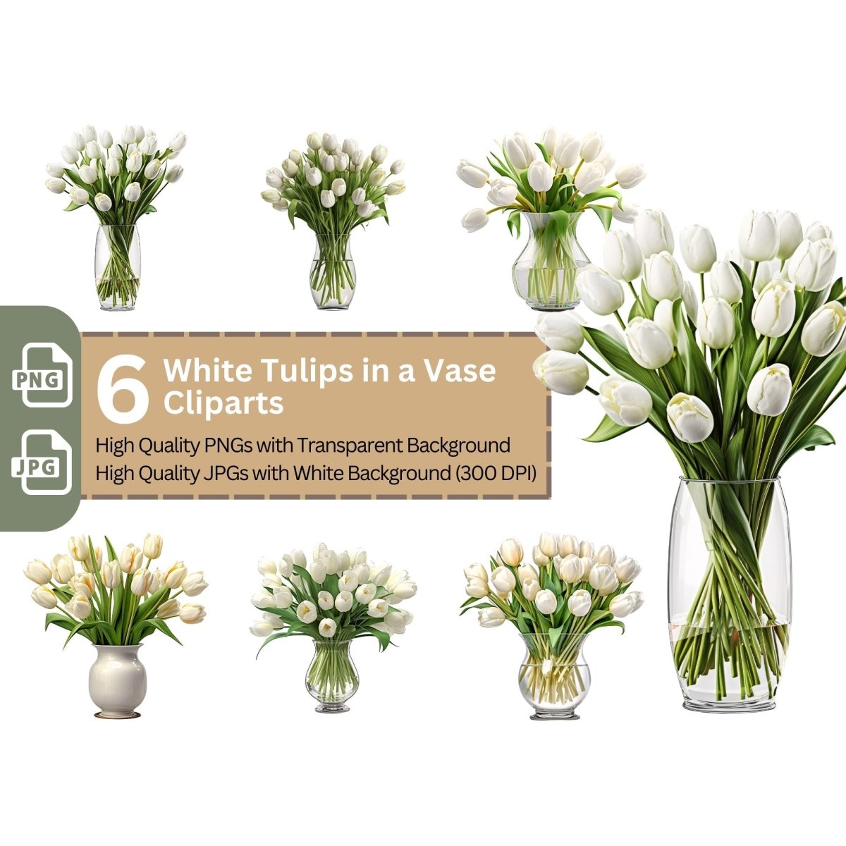 White Tulips in Vase 6+6 PNG Bundle Photorealistic, Clipart Bundle Transparent Background - Everything Pixel