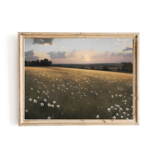 White Wildflower Meadow Sunset Vintage Rural Landscape Farmhouse Decor - Everything Pixel