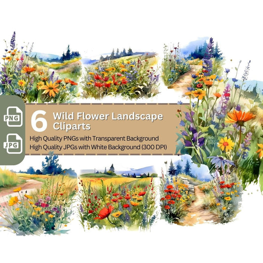 Wild Flower Landscape 6+6 PNG Clip Art Bundle Watercolor Summer Meadow Design - Everything Pixel