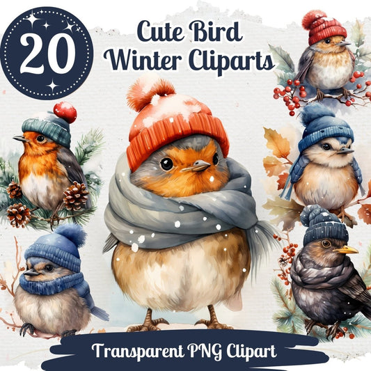 Winter Birds with Bobble Hat Clipart 20 PNG Bundle Seasonal Watercolor Images Junk Journal Graphic Feathered Friends Scrapbook Clipart - Everything Pixel