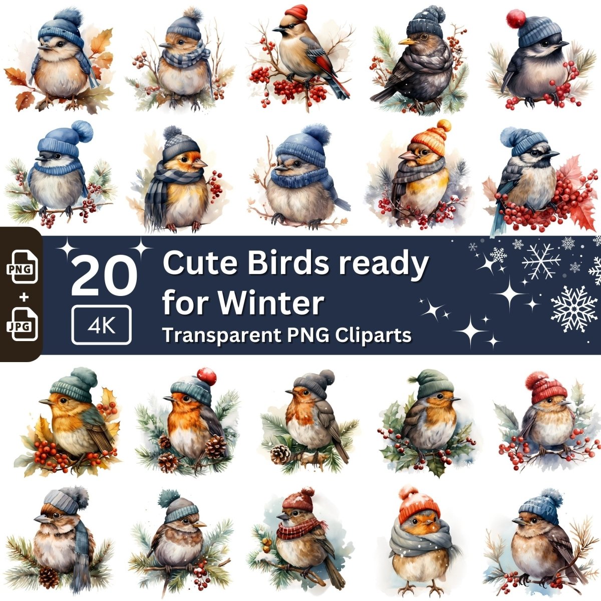 Winter Birds with Bobble Hat Clipart 20 PNG Bundle Seasonal Watercolor Images Junk Journal Graphic Feathered Friends Scrapbook Clipart - Everything Pixel