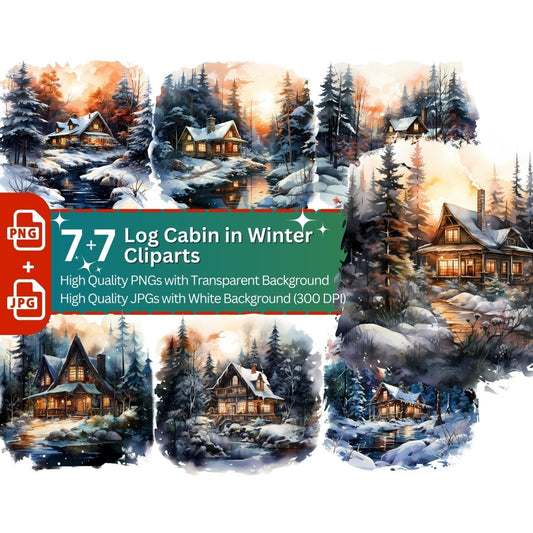Winter Log Cabin 7+7 PNG Clip Art Bundle Snowy Wood Loge - Everything Pixel