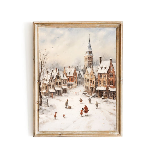 Winter Village Wall Art Vintage Winter Landscape Snowy Town Christmas Village Scene Classice Seasonal Print Antique Painting Paper Poster Print - Everything Pixel