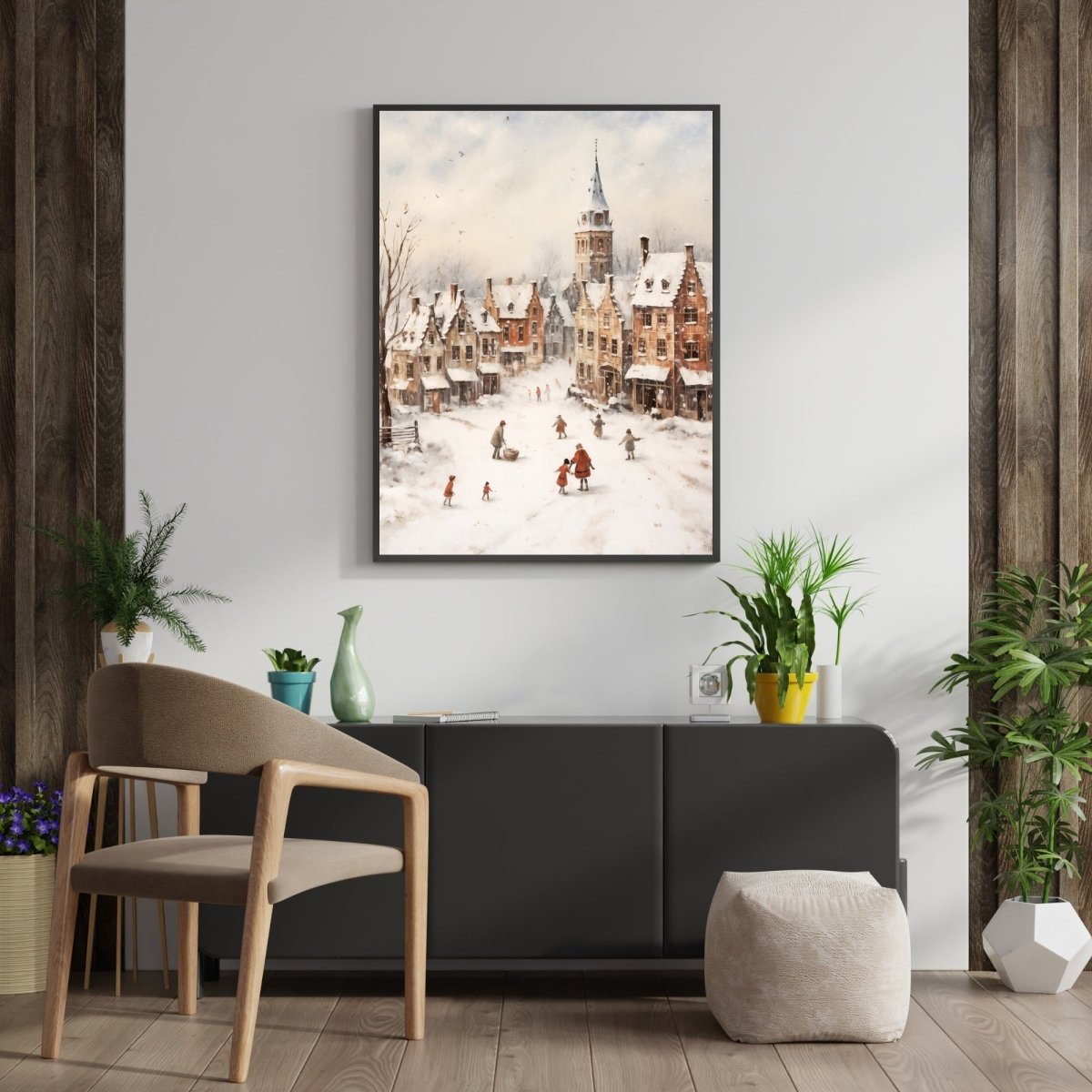 Winter Village Wall Art Vintage Winter Landscape Snowy Town Christmas Village Scene Classice Seasonal Print Antique Painting Paper Poster Print - Everything Pixel