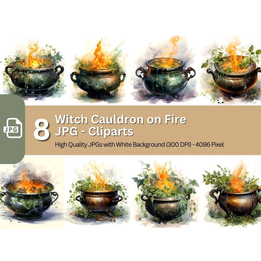 Witch Cauldron on Fire 8x JPG Clip Art Bundle Magic Fantasy Elixir Magical Herbs - Everything Pixel