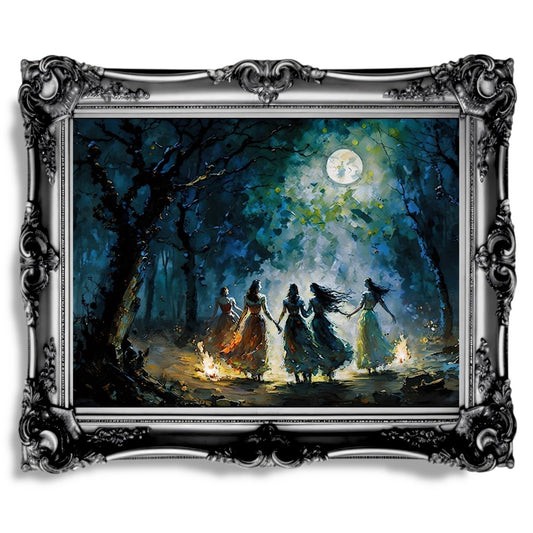 Witches at Full Moon Wall Art Nightsky Woodland Bonfire Light Mystical Atmosphere - Everything Pixel