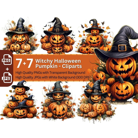 Witchy Halloween Pumpkins 7+7 PNG Clip Art Bundle Halloween - Everything Pixel