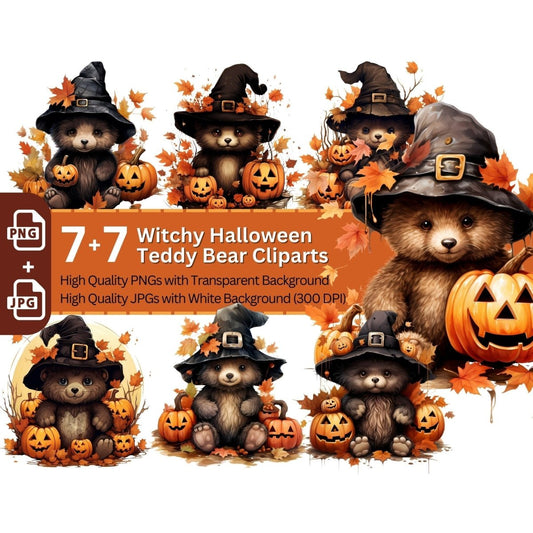 Witchy Halloween Teddy Bear 7+7 PNG Clip Art Bundle - Everything Pixel