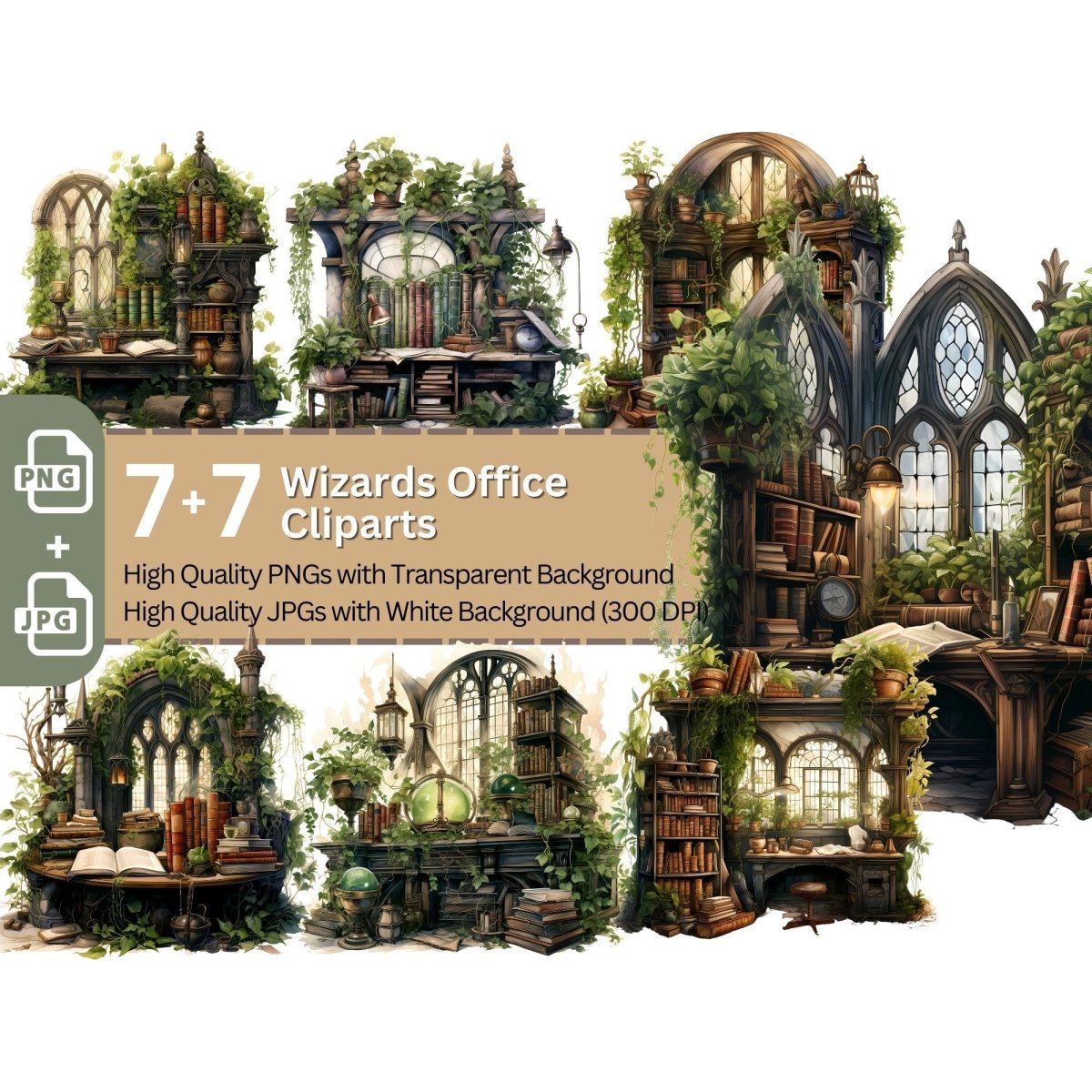 Wizards Office 7+7 PNG Clip Art Bundle Magic Workspace Fantasy - Everything Pixel