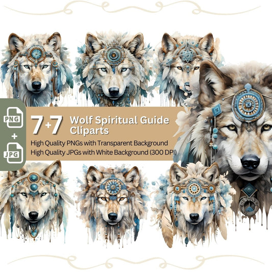 Wolf Spiritual Guide 7+7 PNG Bundle Watercolor Artwork - Everything Pixel