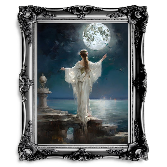 Woman Praying to Full Moon Antique Wall Art Ocean Ruins Scene Romantic Oil Painting Mystic Sea Decor Vintage Aesthetic Luna - Everything Pixel