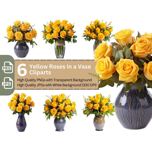 Yellow Roses in Vase 6+6 PNG Bundle for Sublimation Clipart - Everything Pixel