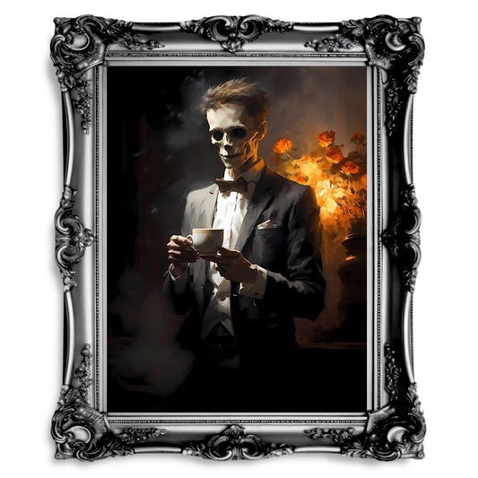 Zombie Businessman Undead Teatime Vintage Portrait Witchy Decor - Paper Poster Print - Everything Pixel