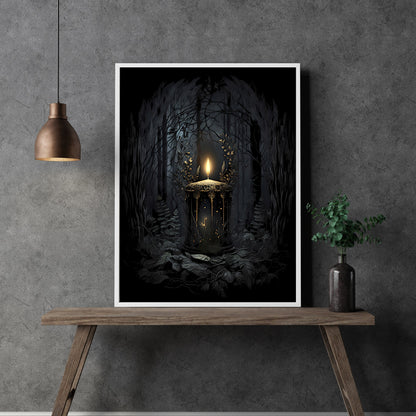 Mystic Candle in Woodland Paper Poster Prints Wall Art Dark Fairycore Gothic Artwork Witchy Decor Dark Cottagecore Mystical Artwork Goblincore Print
