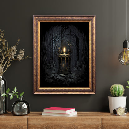 Mystic Candle in Woodland Paper Poster Prints Wall Art Dark Fairycore Gothic Artwork Witchy Decor Dark Cottagecore Mystical Artwork Goblincore Print