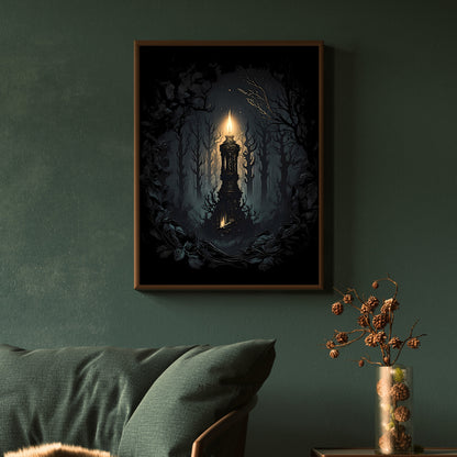 Magic Candle in Woodland Dark Fairycore Paper Poster Prints Wall Art Gothic Artwork Witchy Decor Dark Cottagecore Mystical Artwork Goblincore Print