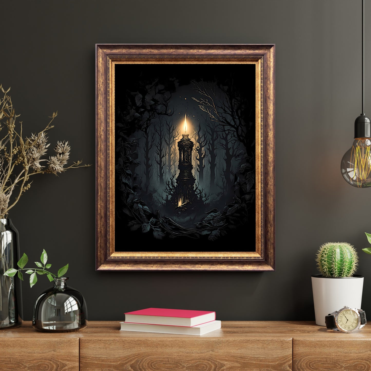 Magic Candle in Woodland Dark Fairycore Paper Poster Prints Wall Art Gothic Artwork Witchy Decor Dark Cottagecore Mystical Artwork Goblincore Print