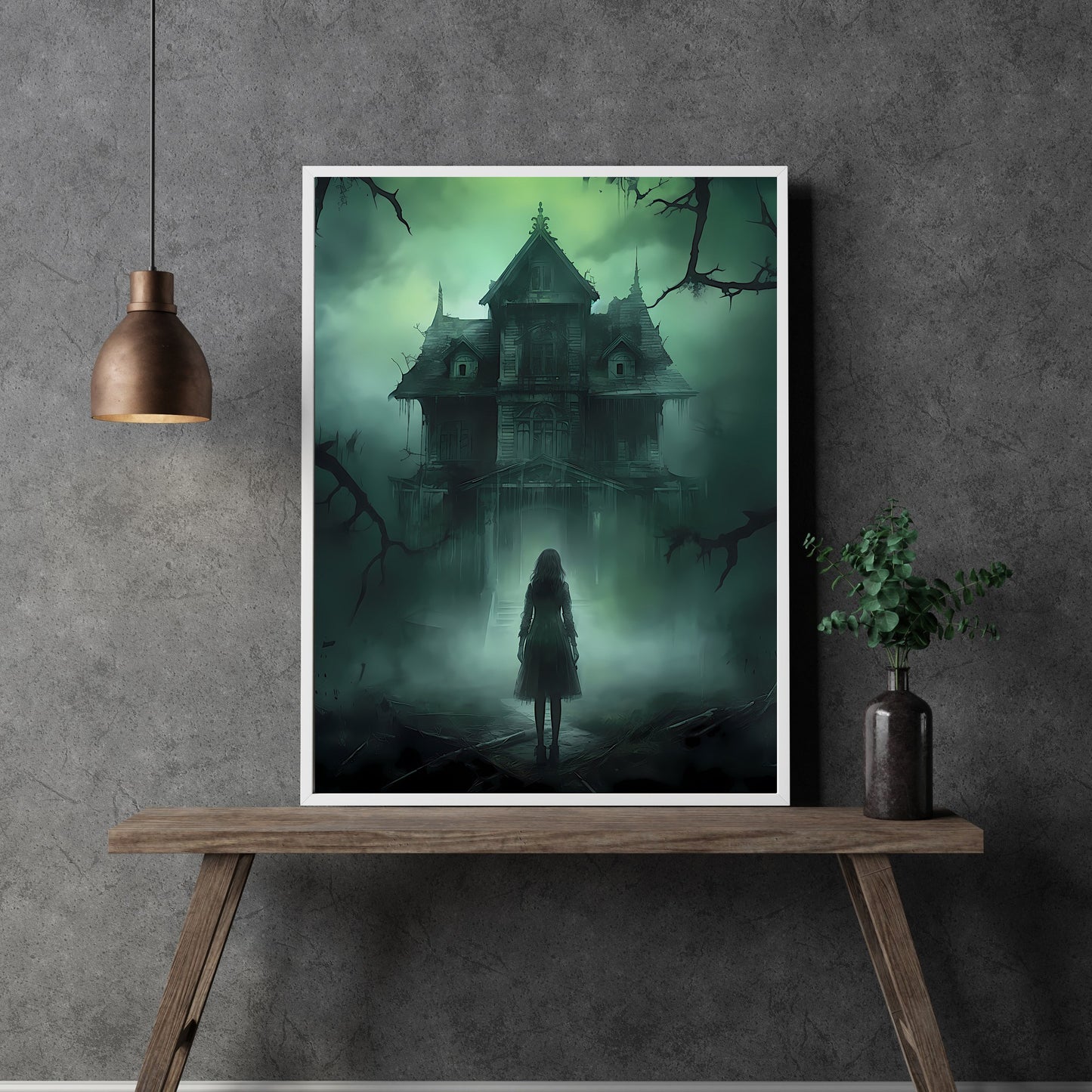 Ghost Girl at Abandoned Mansion Paper Poster Prints Dark Spooky Decor Fantasy Poster Dark Academia Dark Cottagecore Gothic Retro Ghost Wall Art Wicca