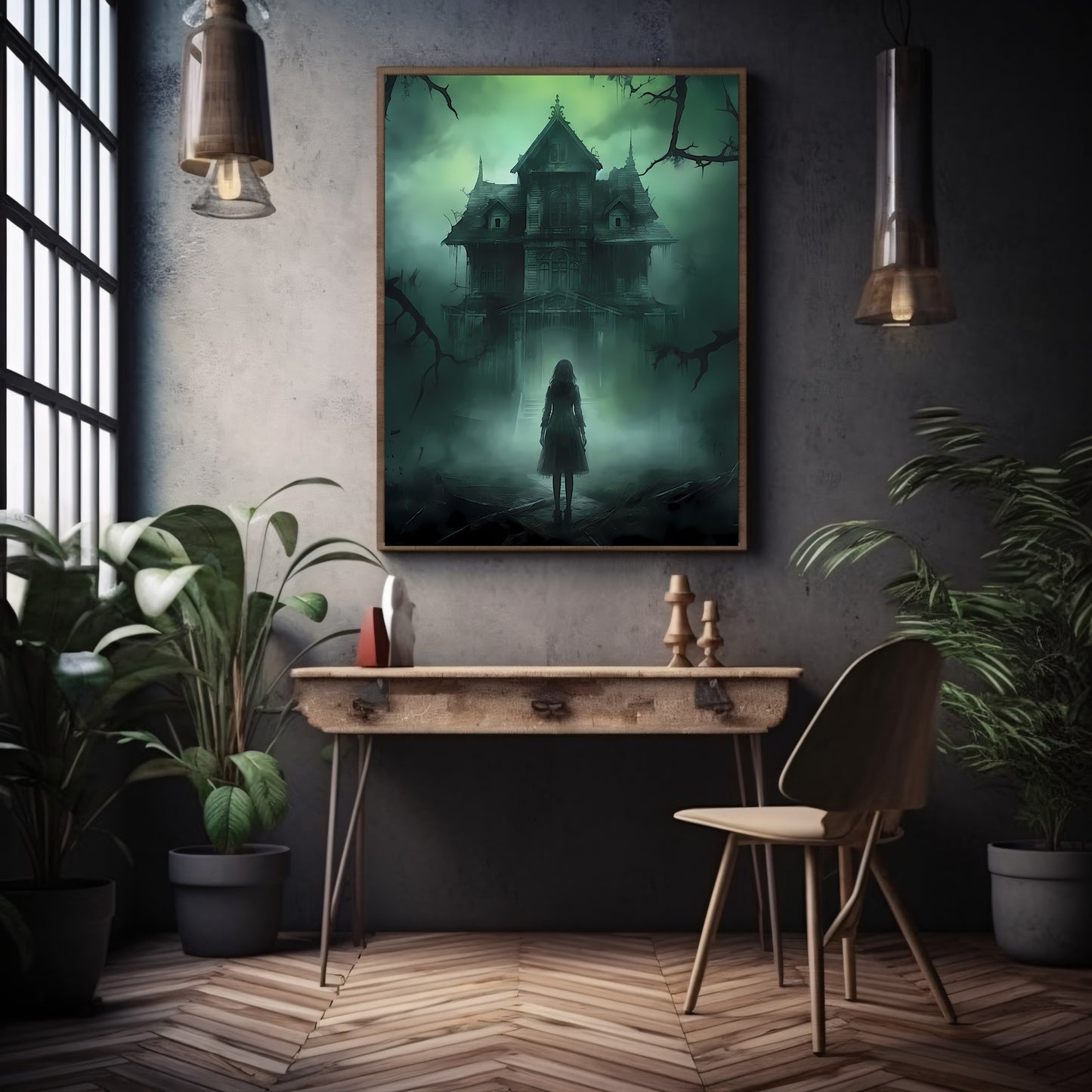 Ghost Girl at Abandoned Mansion Paper Poster Prints Dark Spooky Decor Fantasy Poster Dark Academia Dark Cottagecore Gothic Retro Ghost Wall Art Wicca