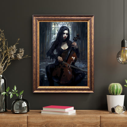 Goth Girl playing Cello on a Wednesday Paper Poster Prints Dark Spooky Decor Fantasy Poster Dark Academia Dark Cottagecore Gothic Retro Ghost Wall Art Wicca