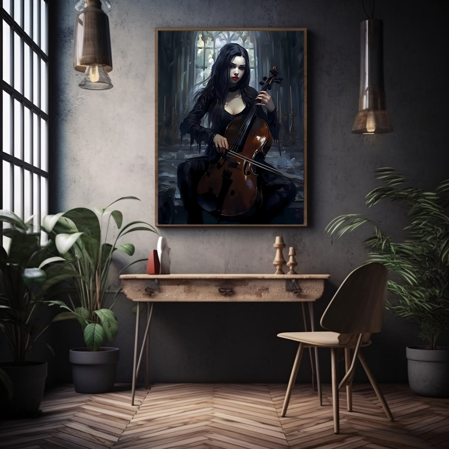 Goth Girl playing Cello on a Wednesday Paper Poster Prints Dark Spooky Decor Fantasy Poster Dark Academia Dark Cottagecore Gothic Retro Ghost Wall Art Wicca