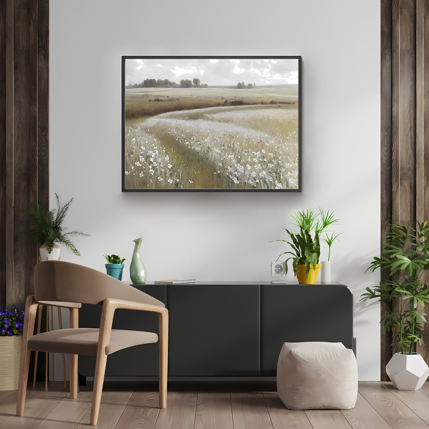 White wildflower meadow painting Paper Poster Prints vintage oil painting spring meadow farmhouse deocor spring landscape landscape art