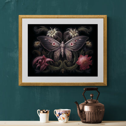 Vintage Moth Paper Poster Prints Dark Academia Wall Art Witchy Gothic Botanical Decor Dark Cottagecore Goblincore Goth Home Decor Moody Painting