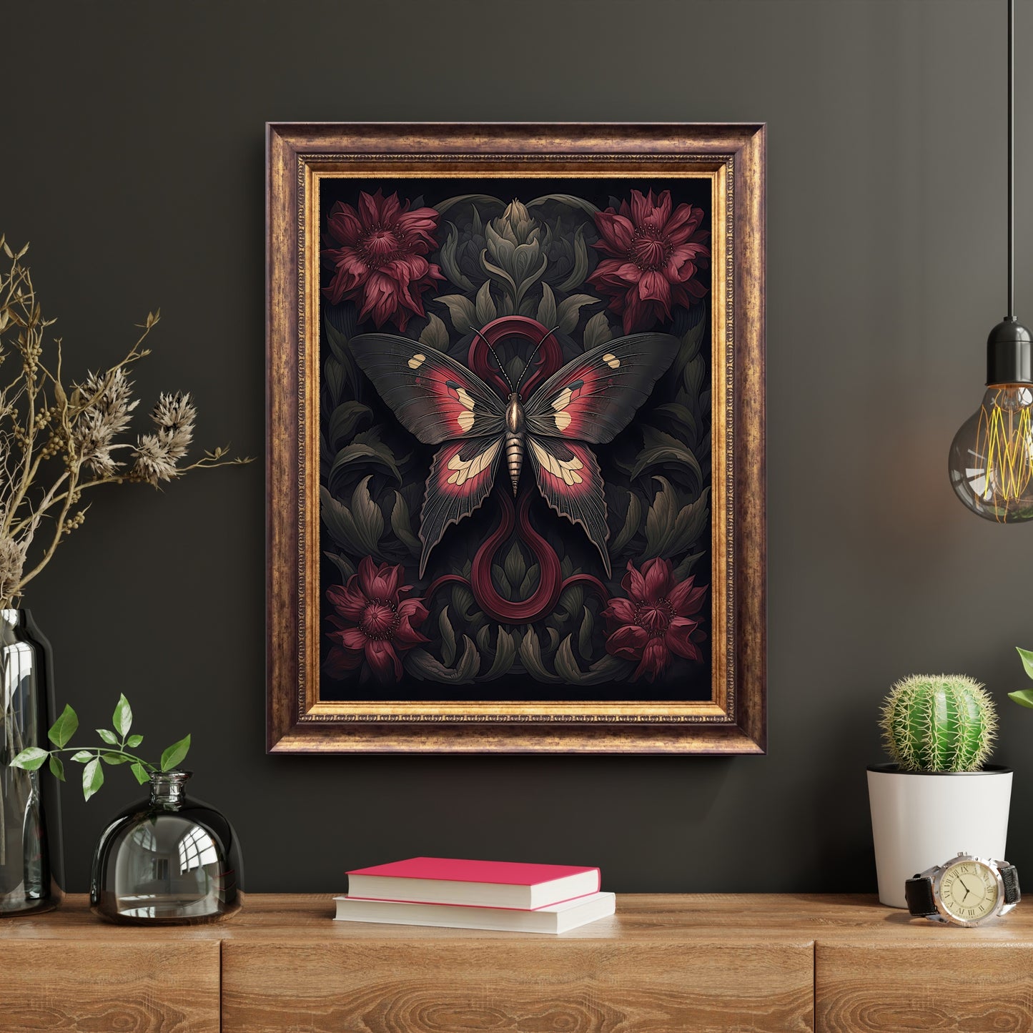 Botanical Moth Paper Poster Prints Dark Cottagecore Wall Art Witchy Gothic Botanical Decor Dark Academia Goblincore Goth Home Decor Moody Painting