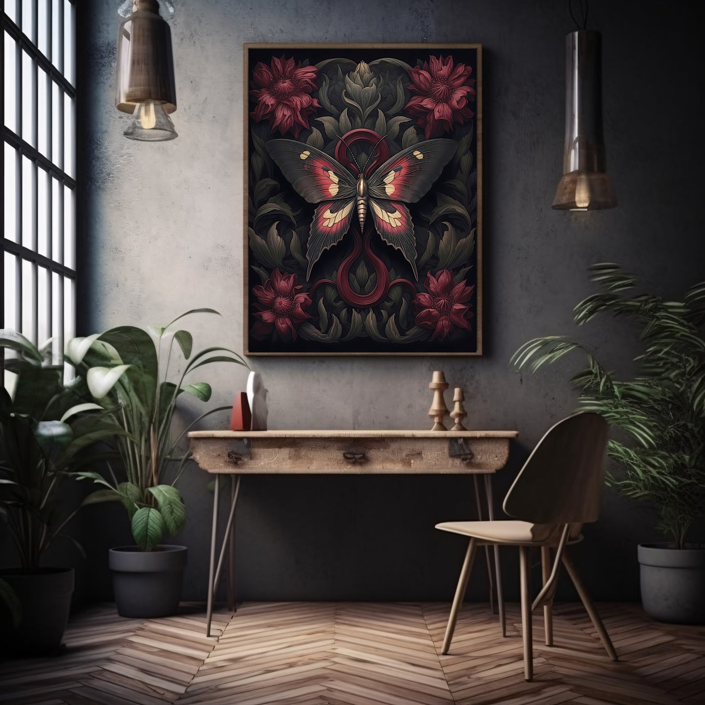 Botanical Moth Paper Poster Prints Dark Cottagecore Wall Art Witchy Gothic Botanical Decor Dark Academia Goblincore Goth Home Decor Moody Painting
