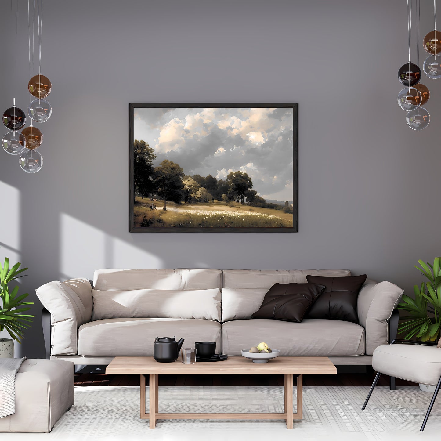 Stormy sky meadow painting Paper Poster Prints vintage oil painting spring meadow farmhouse deocor spring landscape stormy sky