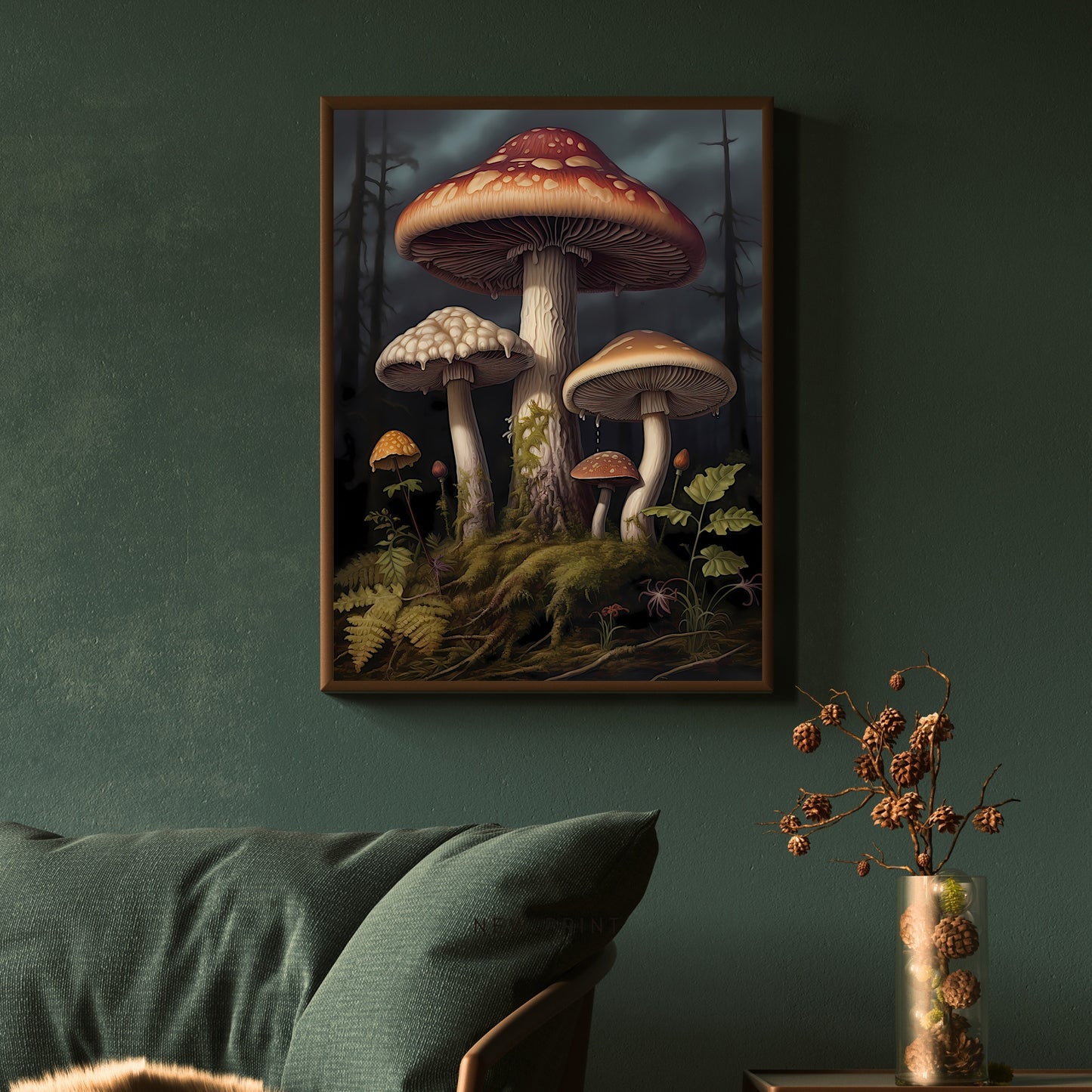 Mushrooms in Woodland Paper Poster Prints Wall Art Dark Academia Goblincore Vintage Botanical Decor Witchy Gothic Cottagecore Mushroom Poster