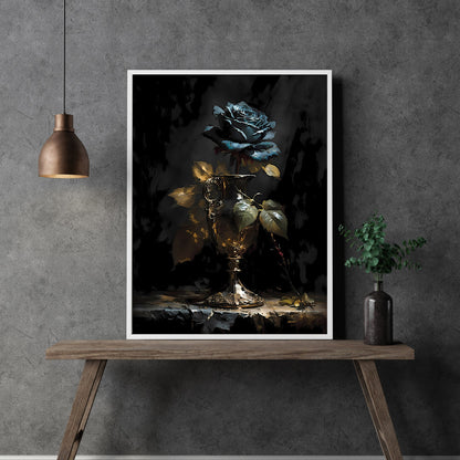 Blue Rose in Goblet Paper Poster Prints Wall Art Vintage Oil Painting Dark Academia Gothic Floral Moody Painting Botanical Decor Dark Cottagecore