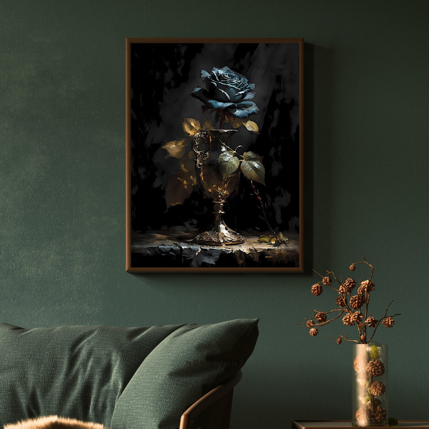 Blue Rose in Goblet Paper Poster Prints Wall Art Vintage Oil Painting Dark Academia Gothic Floral Moody Painting Botanical Decor Dark Cottagecore