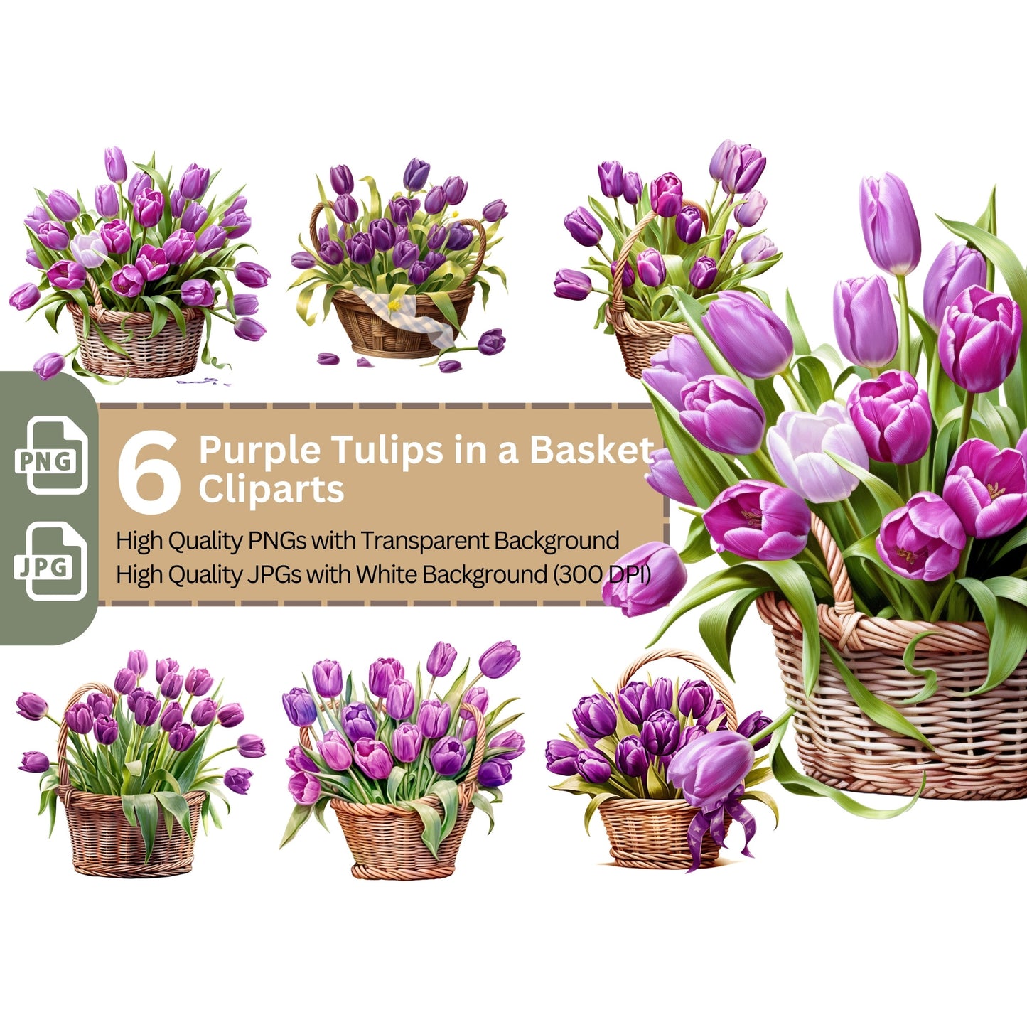 Basket with Purple Tulips 6+6 PNG Bundle for Sublimation & Clipart