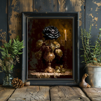 Schwarze Rose im Kelchpapier Posterdrucke Dark Cottagecore Wandkunst Vintage Ölgemälde Dark Academia Gothic Floral Moody Painting Botanisches Dekor