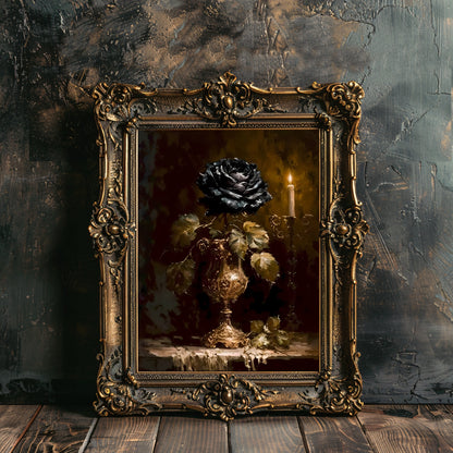 Schwarze Rose im Kelchpapier Posterdrucke Dark Cottagecore Wandkunst Vintage Ölgemälde Dark Academia Gothic Floral Moody Painting Botanisches Dekor