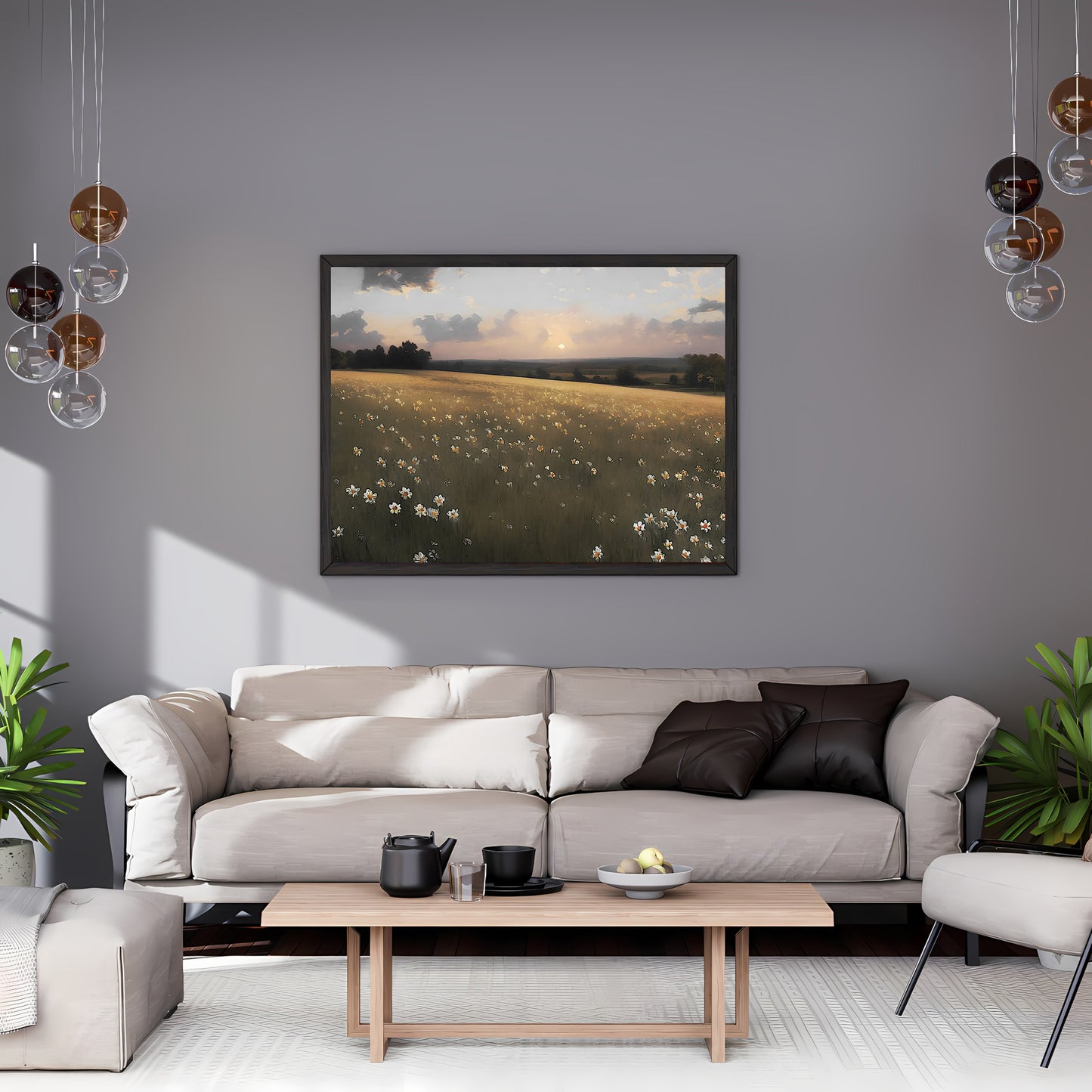 White Wildflower Meadow Sunset Paper Poster Prints Vintage Wall Art Rural Landscape Panorama Farmhouse Decor Above Couch Artwork Countryside Painting