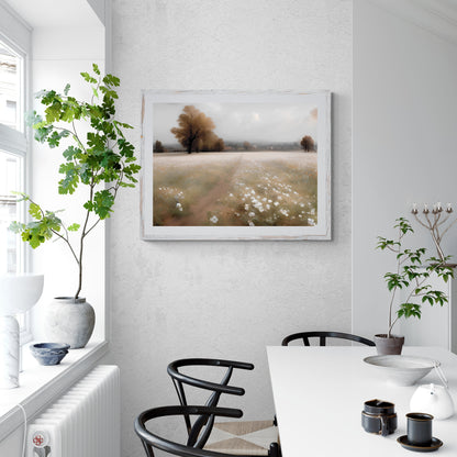 White wildflower meadow Paper Poster Prints painting vintage oil painting spring meadow farmhouse deocor foogy landscape landscape art moody landscape